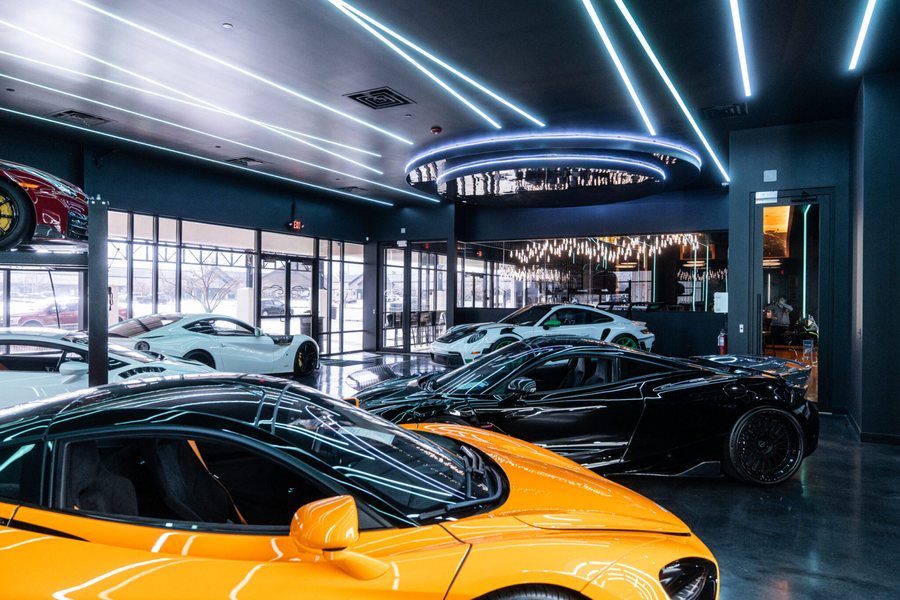 Luxury car dealership showroom